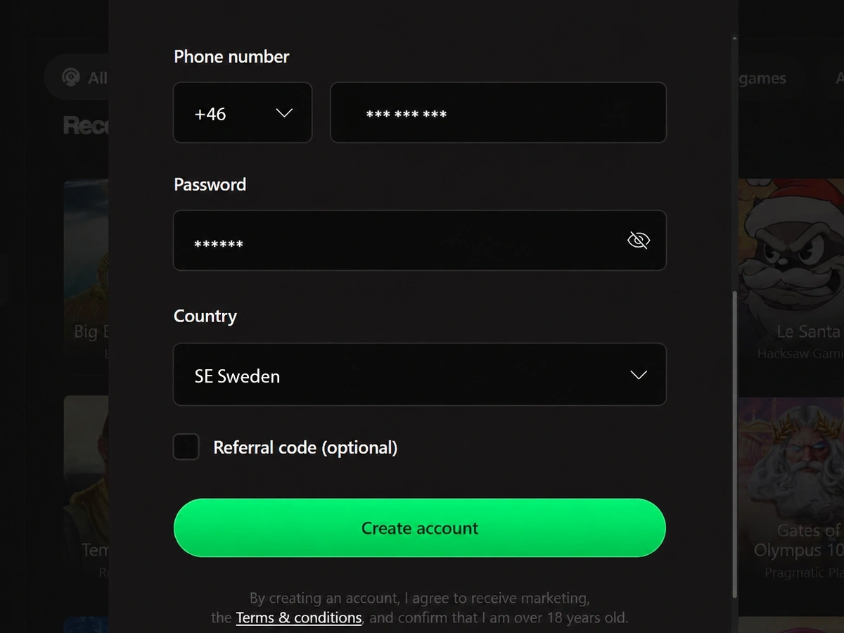 Skärm med åldersbekräftelse, villkor och integritetspolicy för registreringsbekräftelse